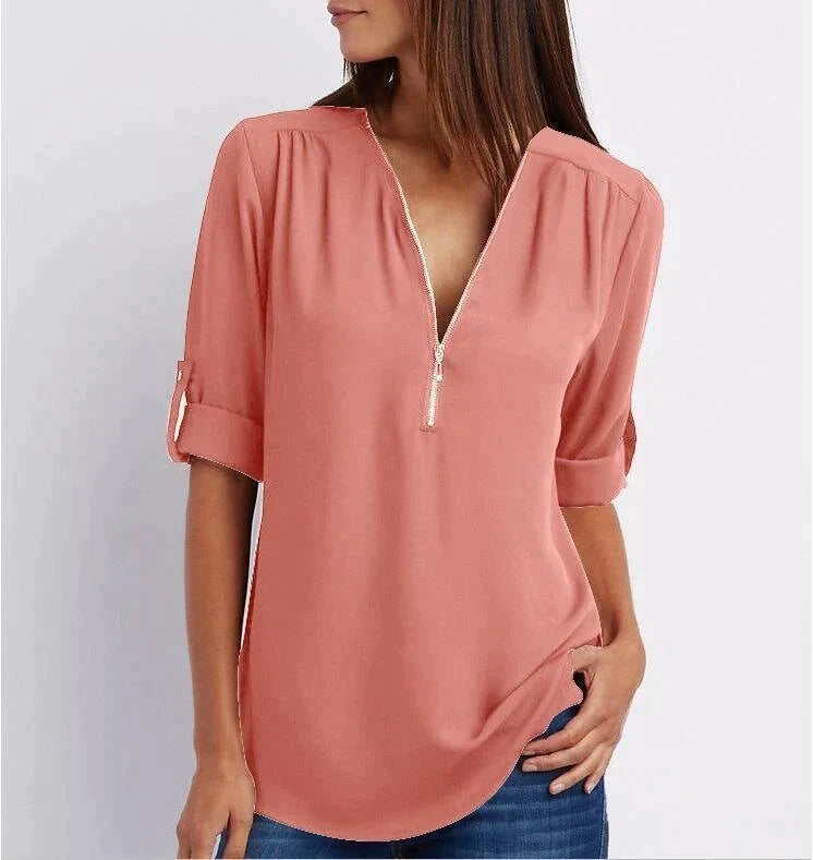 Women's Blouse with 3/4 Sleeves and Zipper Detail