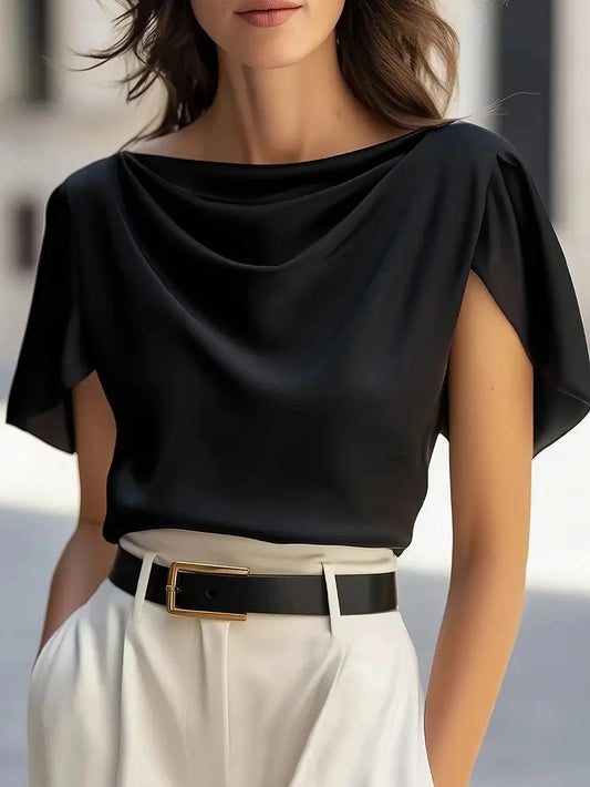 Women's Blouse with Cowl Neck and Short Sleeves