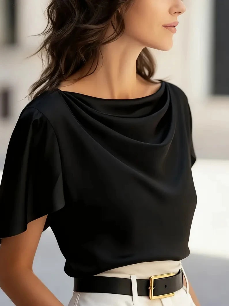 Women's Blouse with Cowl Neck and Short Sleeves
