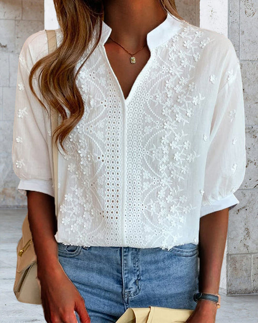 Women's Blouse with Embroidered V-Neck and Short Sleeves