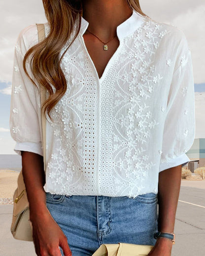 Women's Blouse with Embroidered V-Neck and Short Sleeves