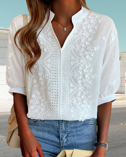 Women's Blouse with Embroidered V-Neck and Short Sleeves