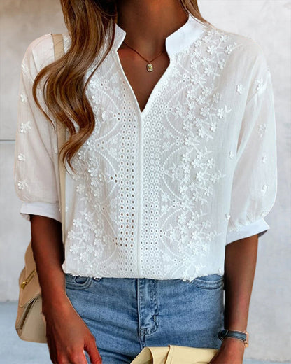 Women's Blouse with Embroidered V-Neck and Short Sleeves