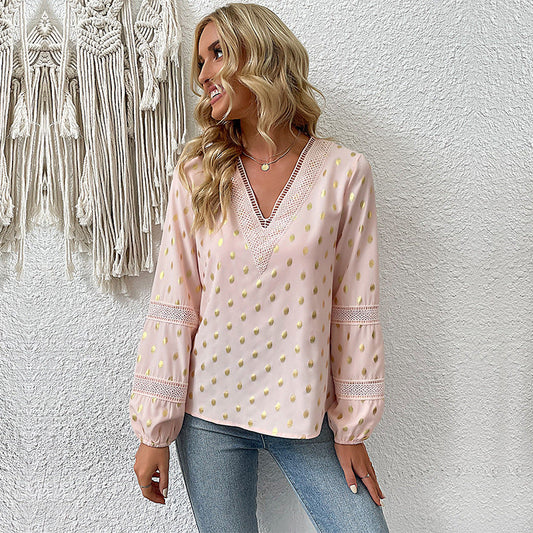 Women's Blouse with Lace Accents and V-Neck
