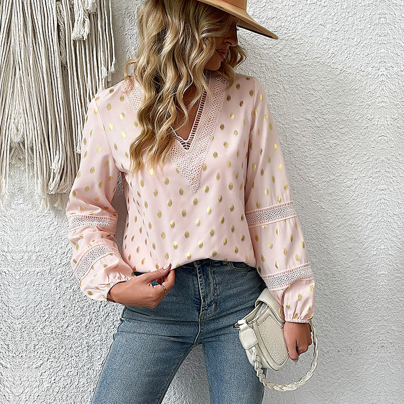 Women's Blouse with Lace Accents and V-Neck