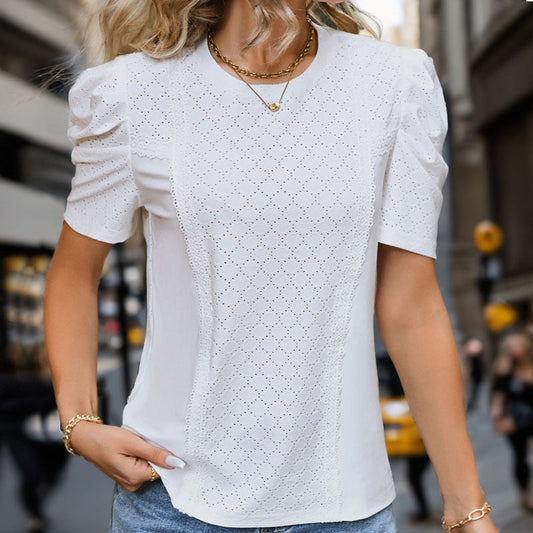 Women's Blouse with Lace Details and Puff Sleeves