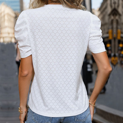 Women's Blouse with Lace Details and Puff Sleeves