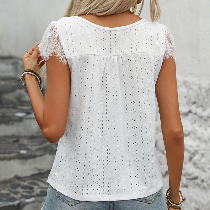Women's Blouse with Lace Sleeves and V-Neck for Summer Style
