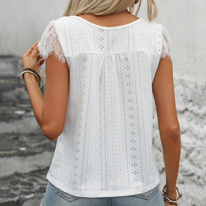 Women's Blouse with Lace Sleeves and V-Neck for Summer Style