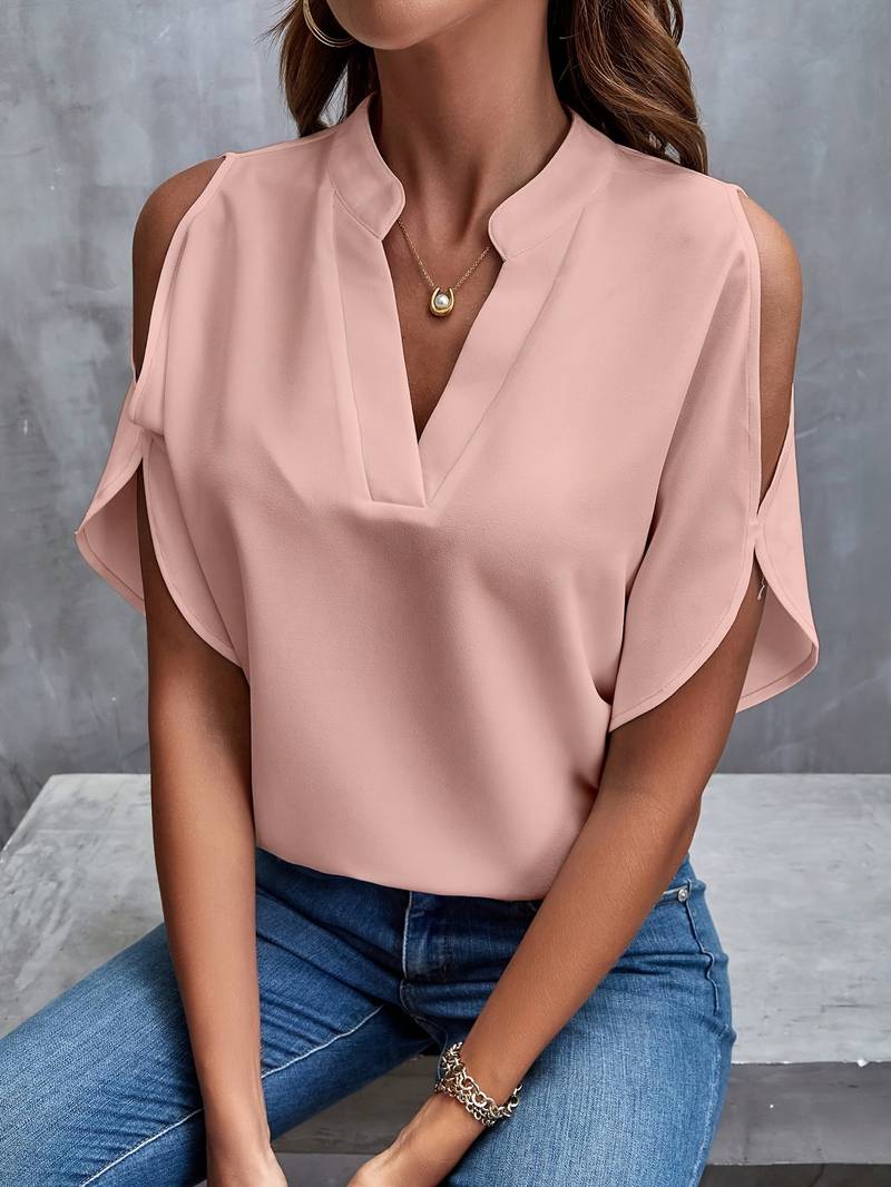 Women's Blouse with Notch Neckline and Split Sleeves