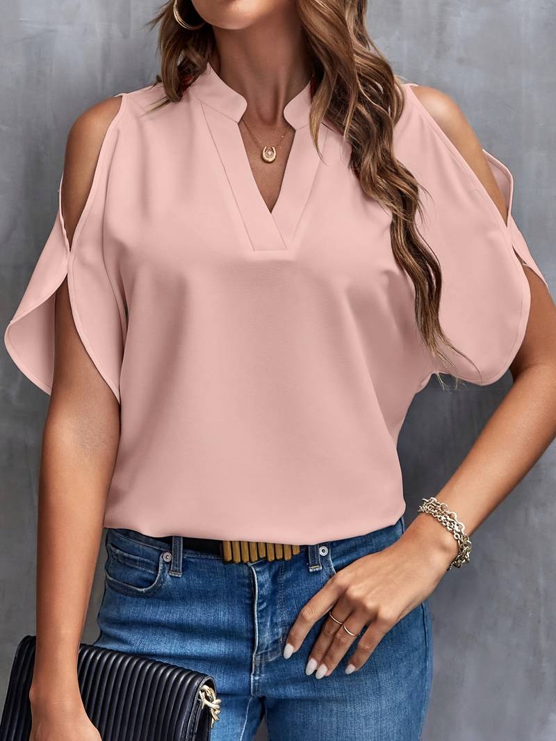 Women's Blouse with Notched Neckline and Split Sleeves