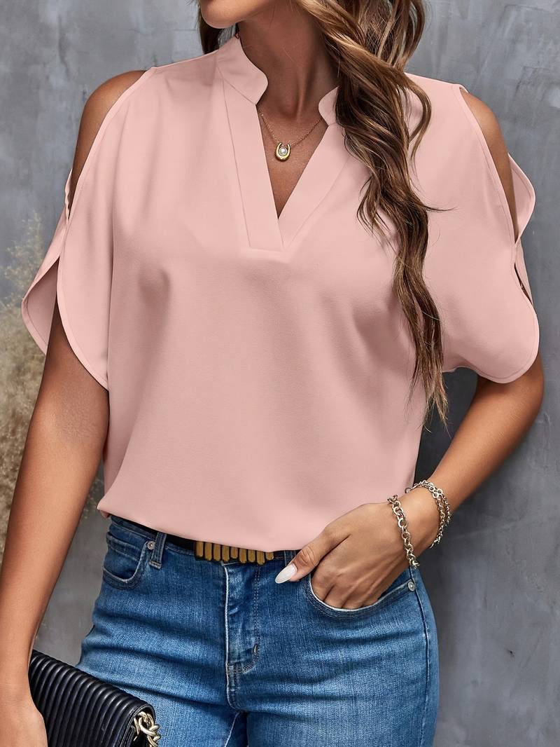 Women's Blouse with Notched Neckline and Split Sleeves