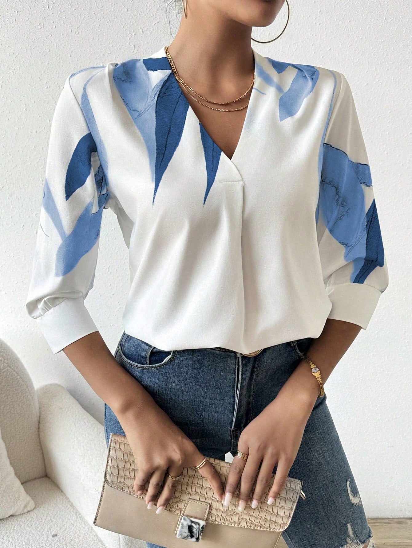 Women's Blouse with Printed Design and Half Sleeves