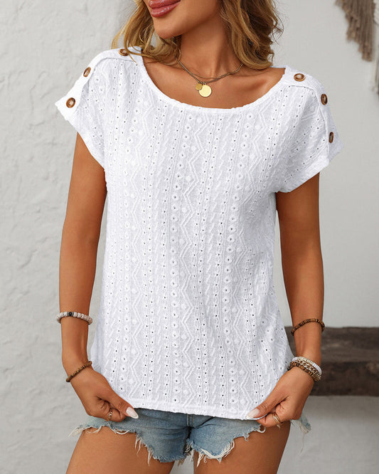 Women's Blouse with Round Neck and Button Detail