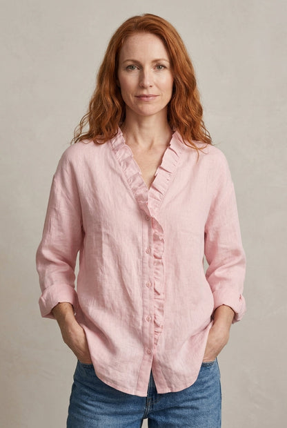 Women's Blouse with Ruffled V-Neck and Long Sleeves