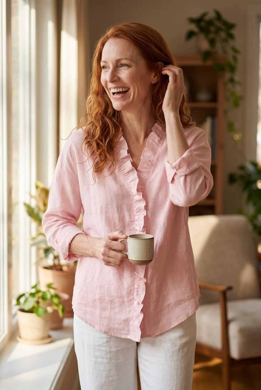 Women's Blouse with Ruffled V-Neck and Long Sleeves
