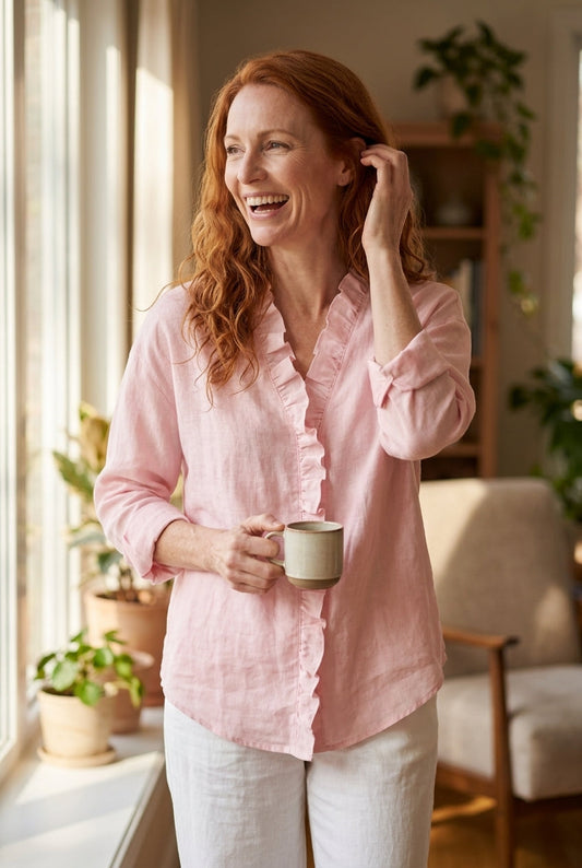 Women's Blouse with Ruffled V-Neck and Long Sleeves
