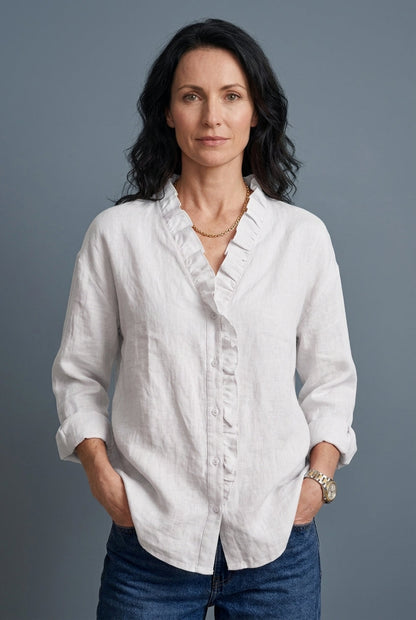 Women's Blouse with Ruffled V-Neck and Long Sleeves