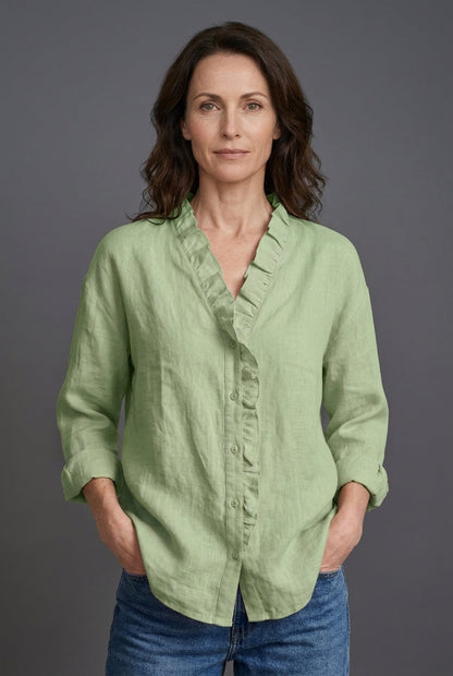 Women's Blouse with Ruffled V-Neck and Long Sleeves