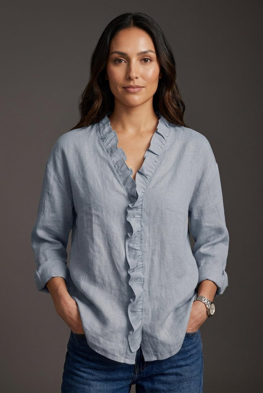 Women's Blouse with Ruffled V-Neck and Long Sleeves