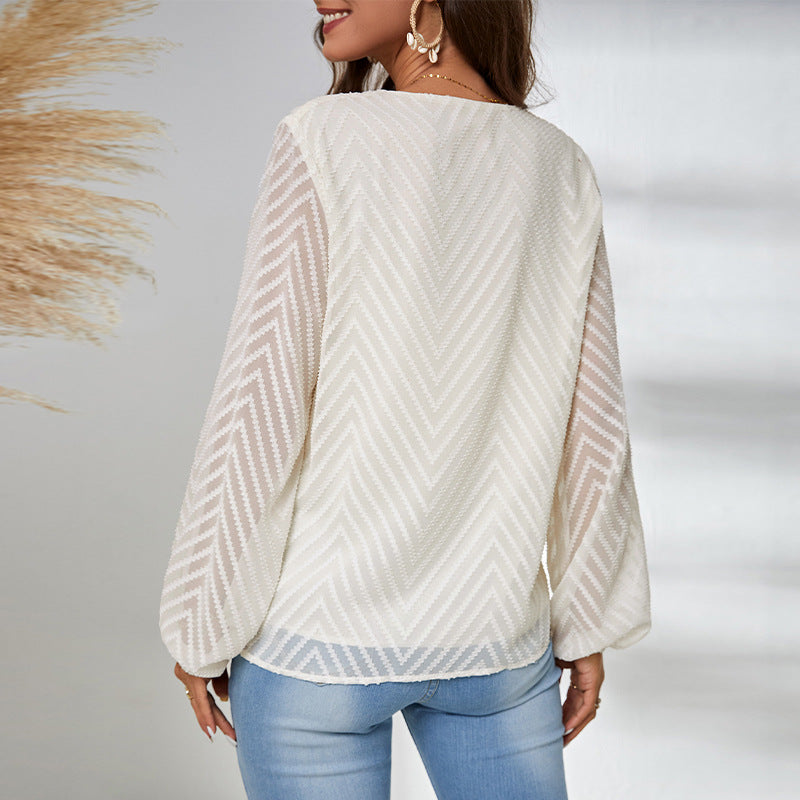 Women's Blouse with Transparent Sleeves and V-Neck