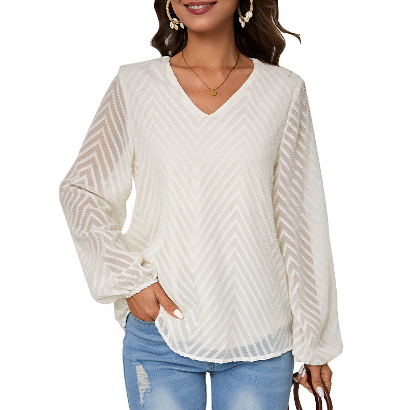 Women's Blouse with Transparent Sleeves and V-Neck