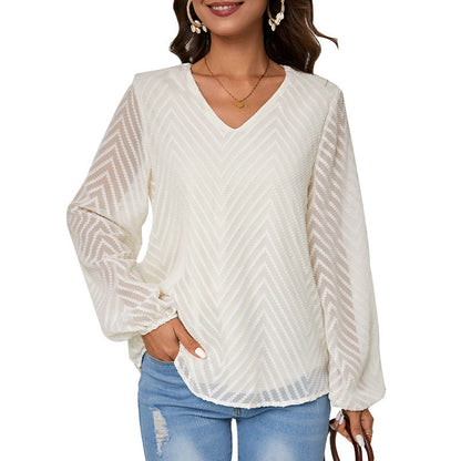 Women's Blouse with Transparent Sleeves and V-Neck