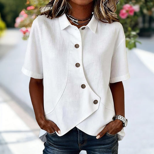 Women's Blouse with Turn-Down Collar and Short Sleeves