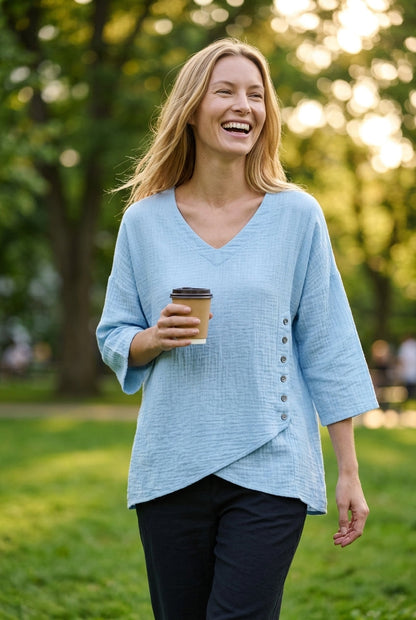 Women's Blouse with V-Neck and Asymmetric Hem