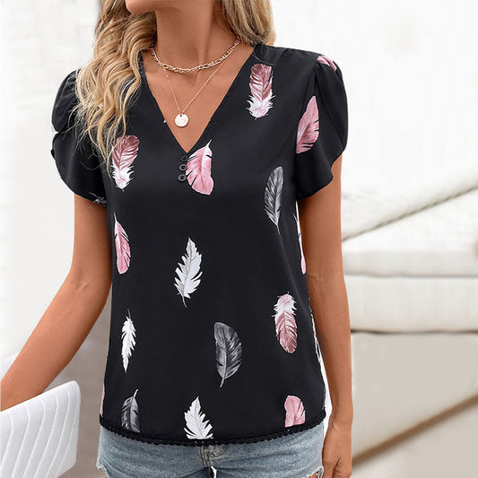 Women's Blouse with V-Neck and Puff Sleeves