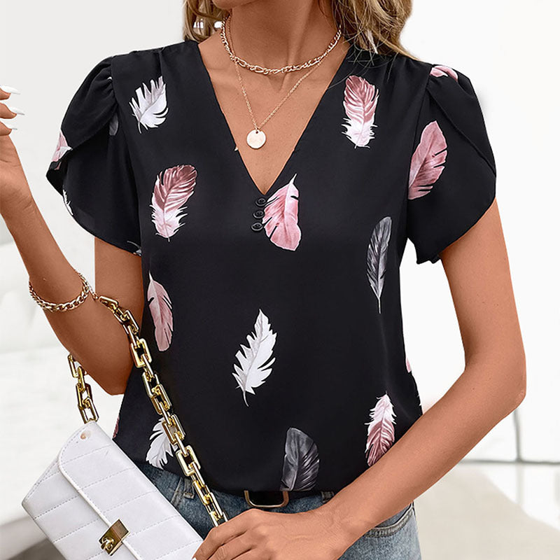 Women's Blouse with V-Neck and Puff Sleeves