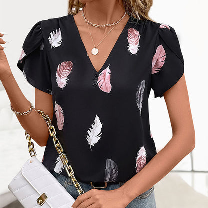 Women's Blouse with V-Neck and Puff Sleeves