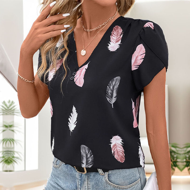 Women's Blouse with V-Neck and Puff Sleeves