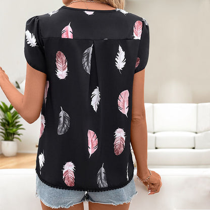 Women's Blouse with V-Neck and Puff Sleeves