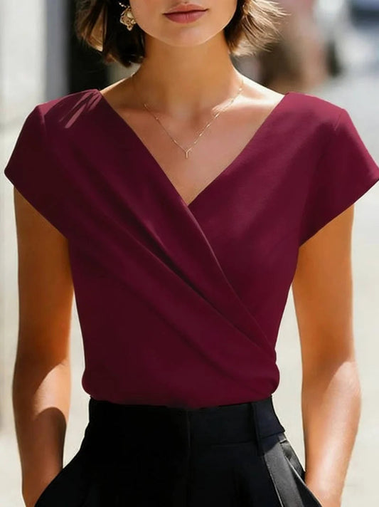 Women's Blouse with V-Neck and Short Sleeves