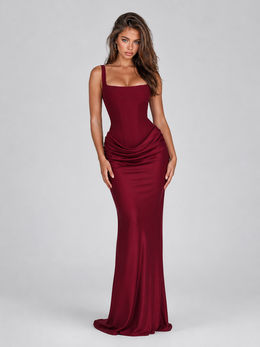 Women's Bodycon Maxi Dress with Square Neck and Draped Waist Detail