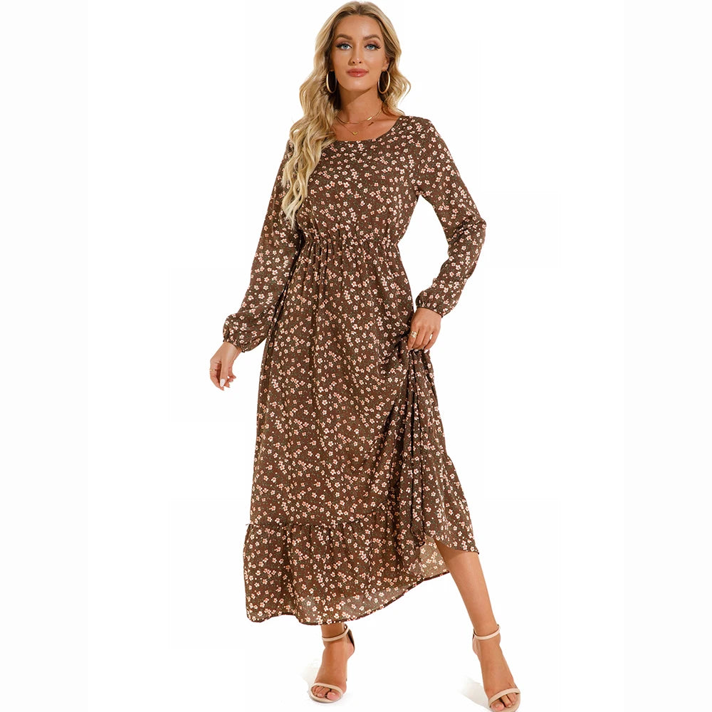 Women's Bohemian Maxi Dress with Long Sleeves