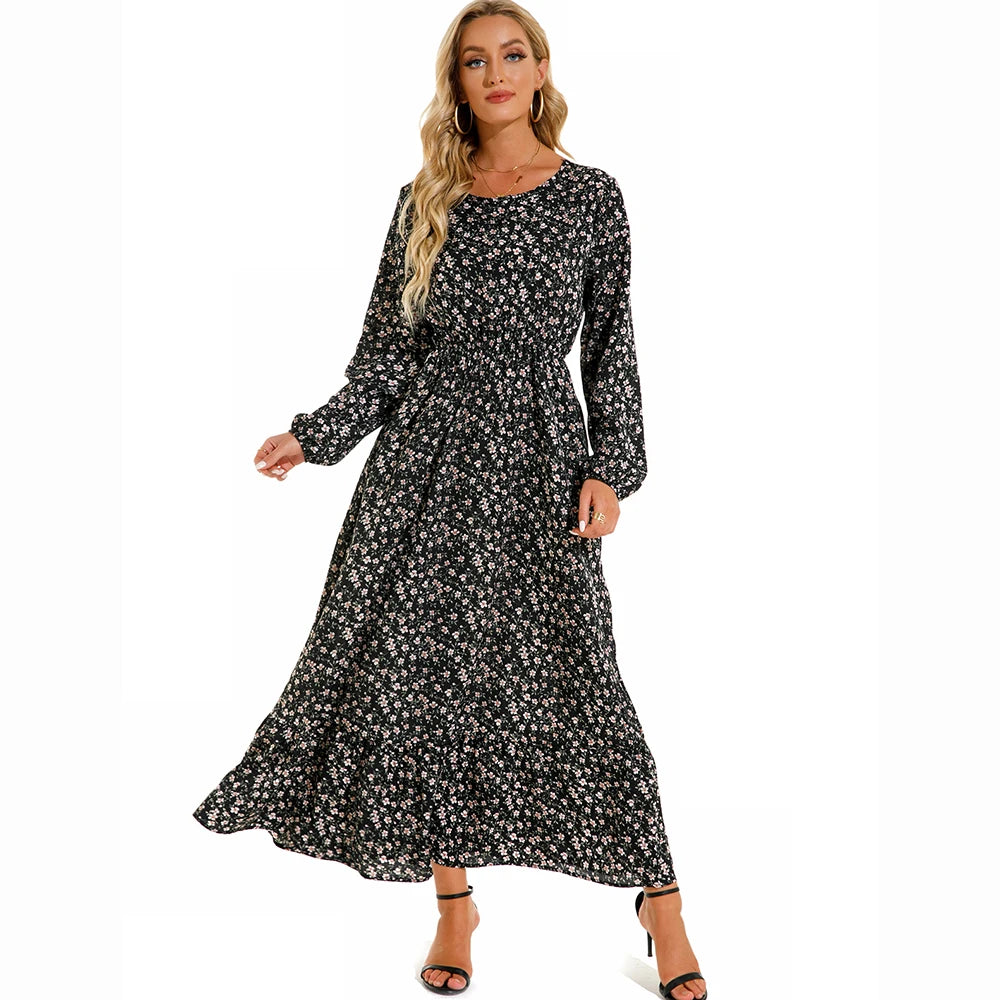 Women's Bohemian Maxi Dress with Long Sleeves