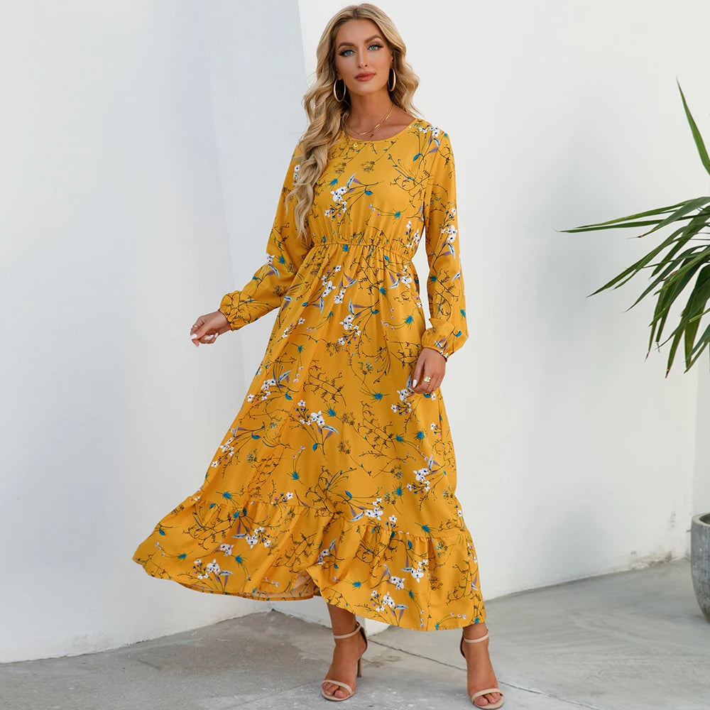 Women's Bohemian Maxi Dress with Long Sleeves