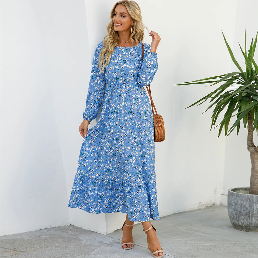 Women's Bohemian Maxi Dress with Long Sleeves