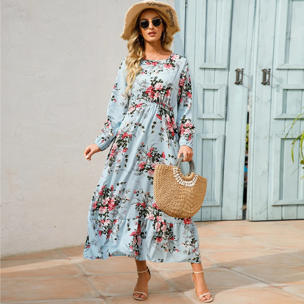 Women's Bohemian Maxi Dress with Long Sleeves