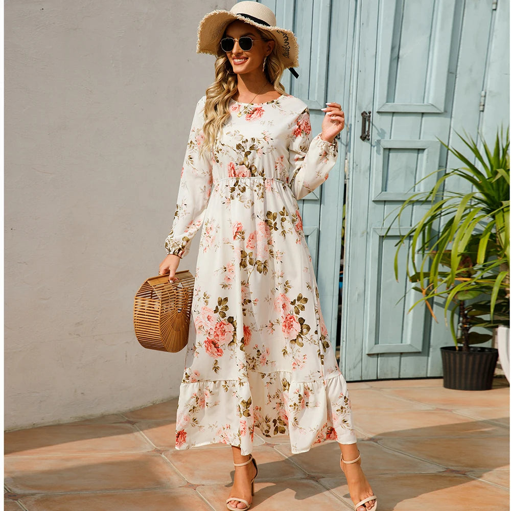 Women's Bohemian Maxi Dress with Long Sleeves