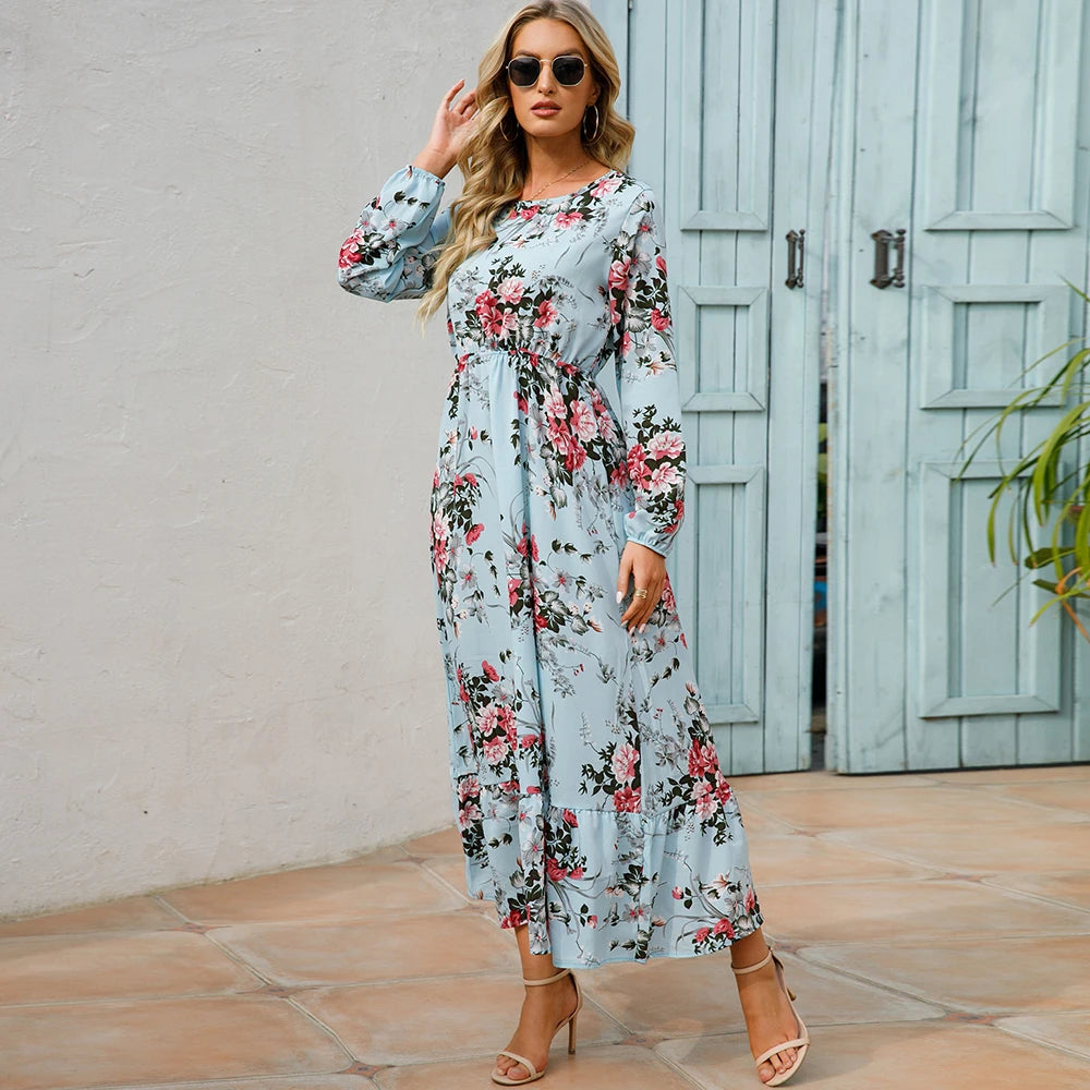 Women's Bohemian Maxi Dress with Long Sleeves
