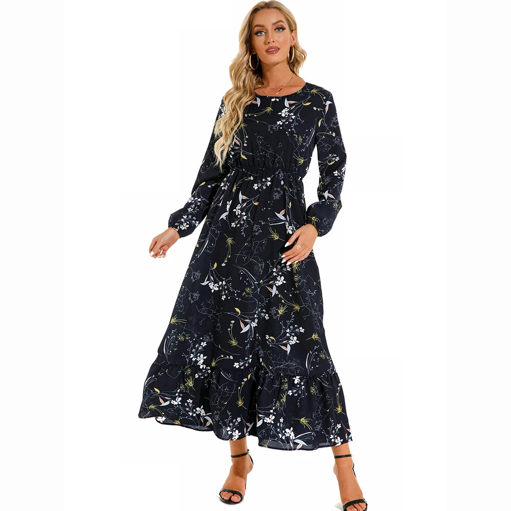 Women's Bohemian Maxi Dress with Long Sleeves