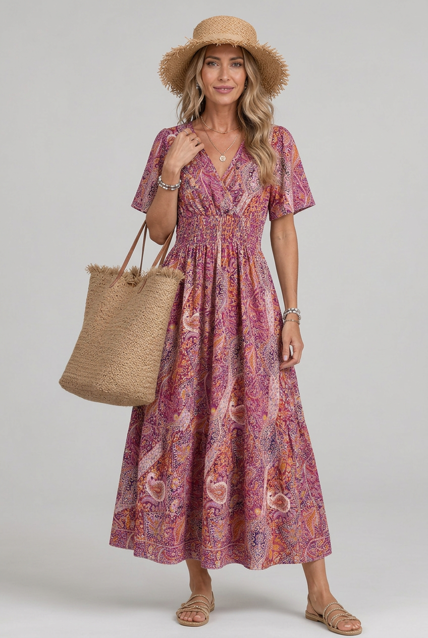 Women's Bohemian Maxi Dress with V-Neck and Smocked Waist