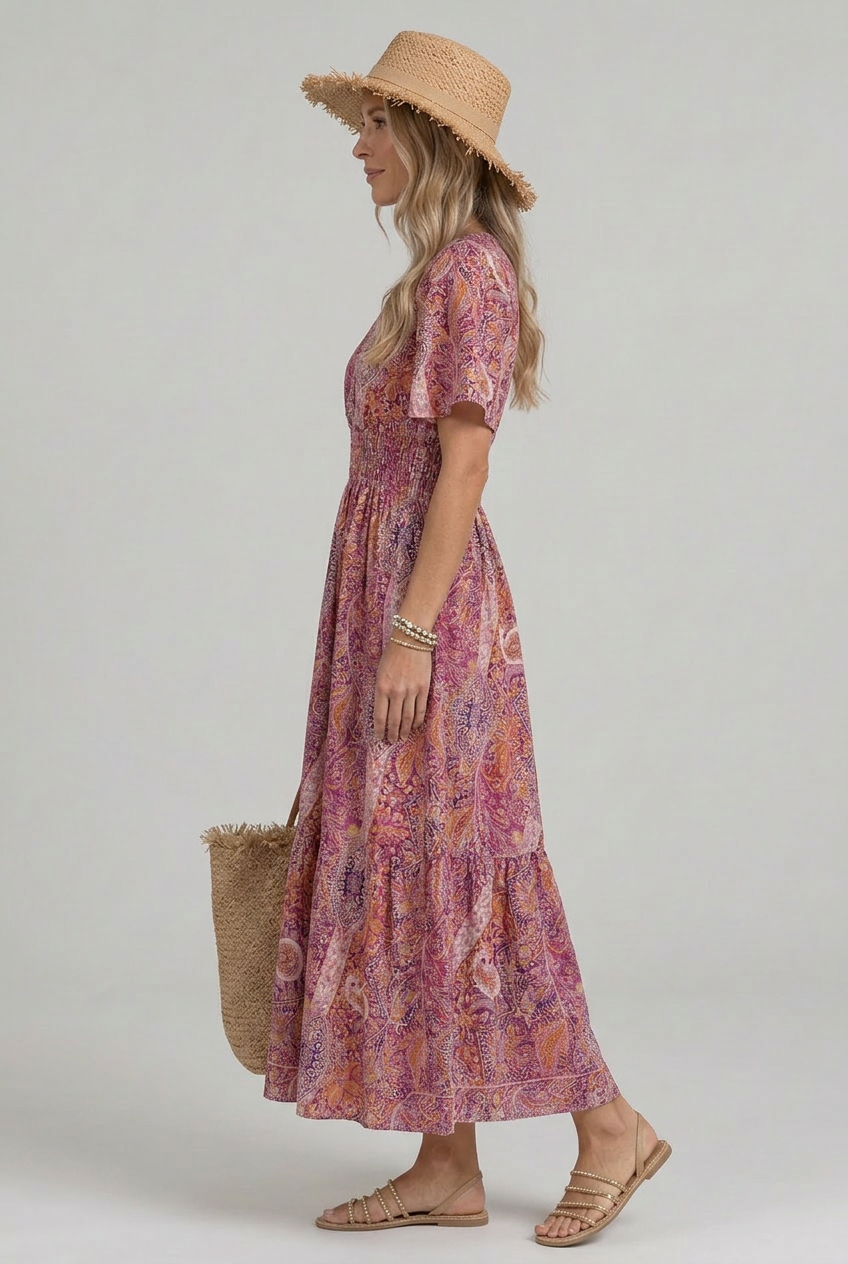 Women's Bohemian Maxi Dress with V-Neck and Smocked Waist