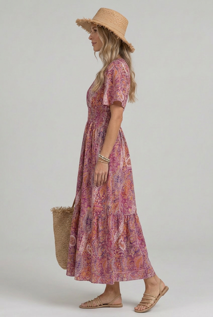 Women's Bohemian Maxi Dress with V-Neck and Smocked Waist