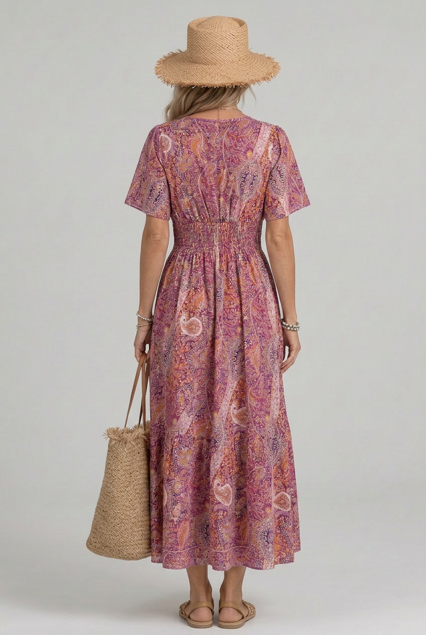 Women's Bohemian Maxi Dress with V-Neck and Smocked Waist