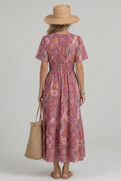 Women's Bohemian Maxi Dress with V-Neck and Smocked Waist