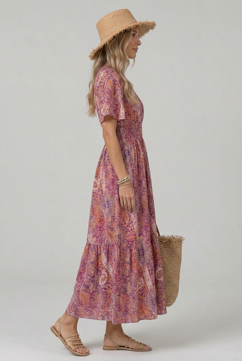 Women's Bohemian Maxi Dress with V-Neck and Smocked Waist